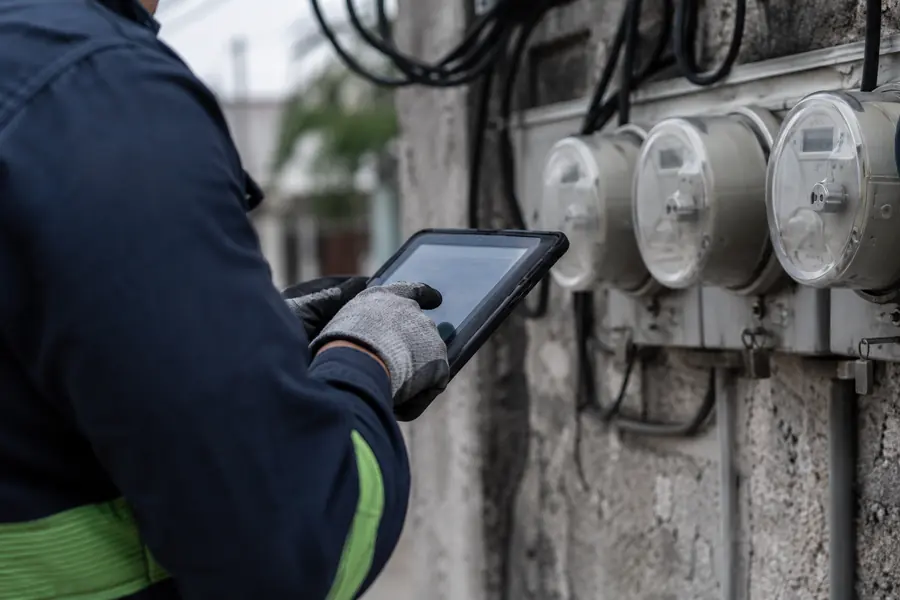 Técnico con guantes registra datos en una tableta frente a un banco de medidores eléctricos.