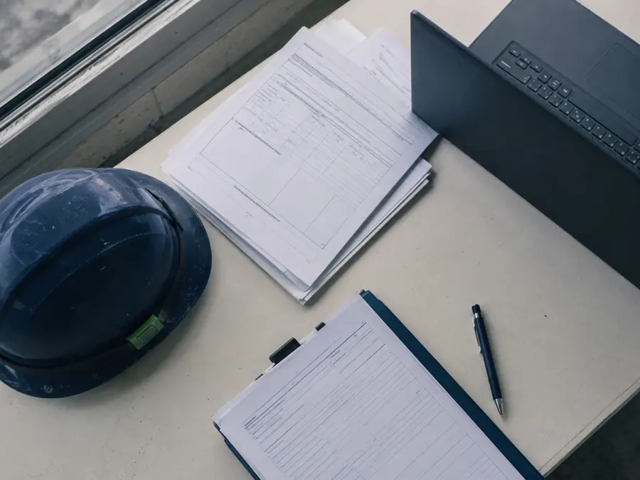 Escritorio de campo con formularios de inspección, un portapapeles, una laptop y un casco de seguridad.