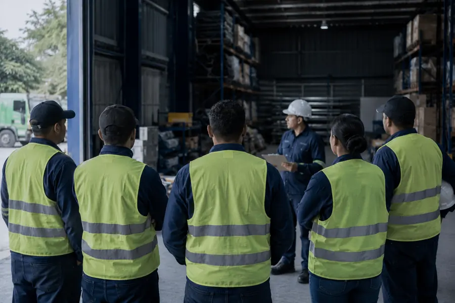Un supervisor con portapapeles instruye a una brigada de cinco trabajadores con chalecos reflectivos en un almacén.