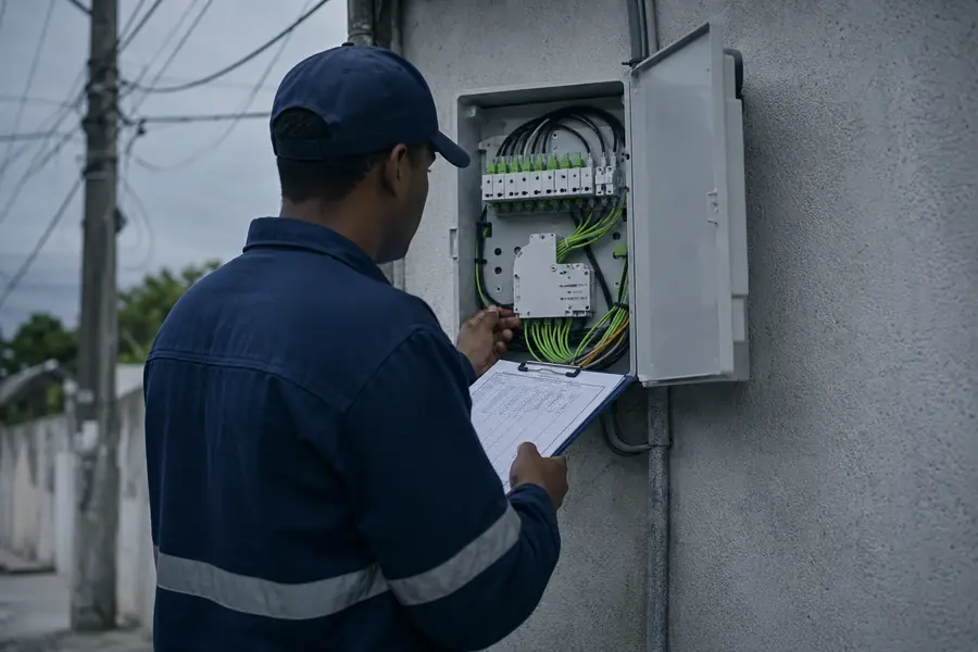 Inspector verifica el cableado de un gabinete eléctrico exterior mientras completa una lista de verificación.